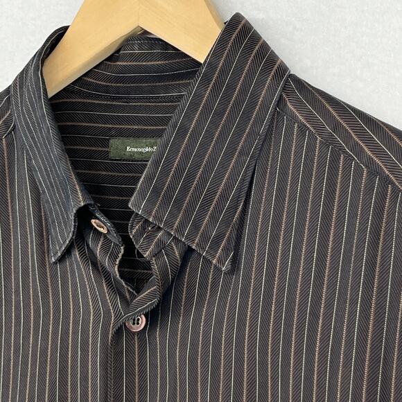 ERMENEGILDO ZEGNA Shirt Mens XL Striped Herringbone Twill Button Up Cotton Brown - Picture 7 of 15